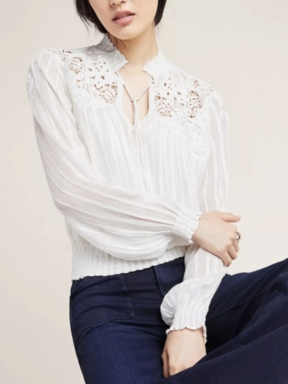 Anthropologie White Lace Yoke Peasant Blouse - Women